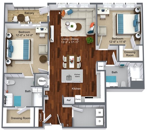 Floor plan for 2 beds, 2 baths, 1181 sqft
